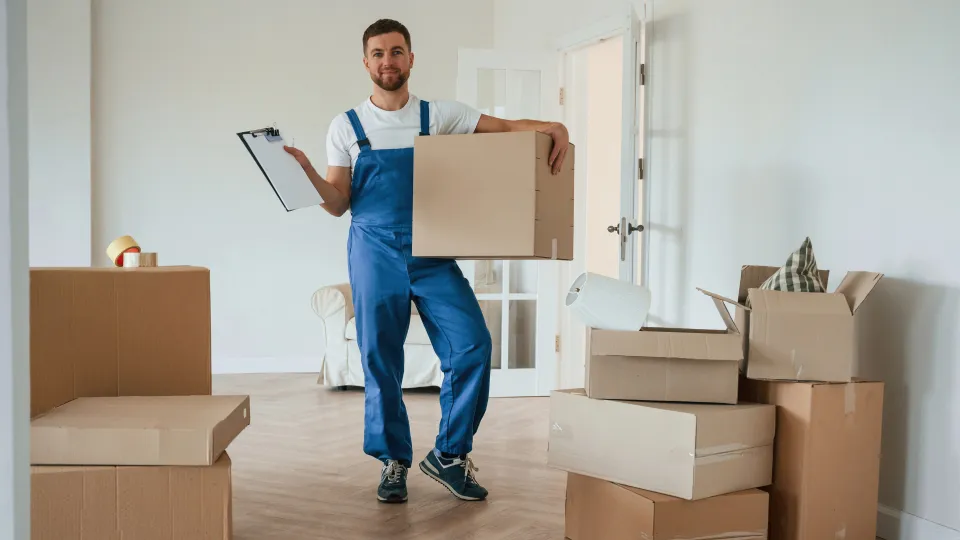 Professionelle Wohnungsräumung in Winterthur – Fachmann mit Umzugskartons in einer Wohnung